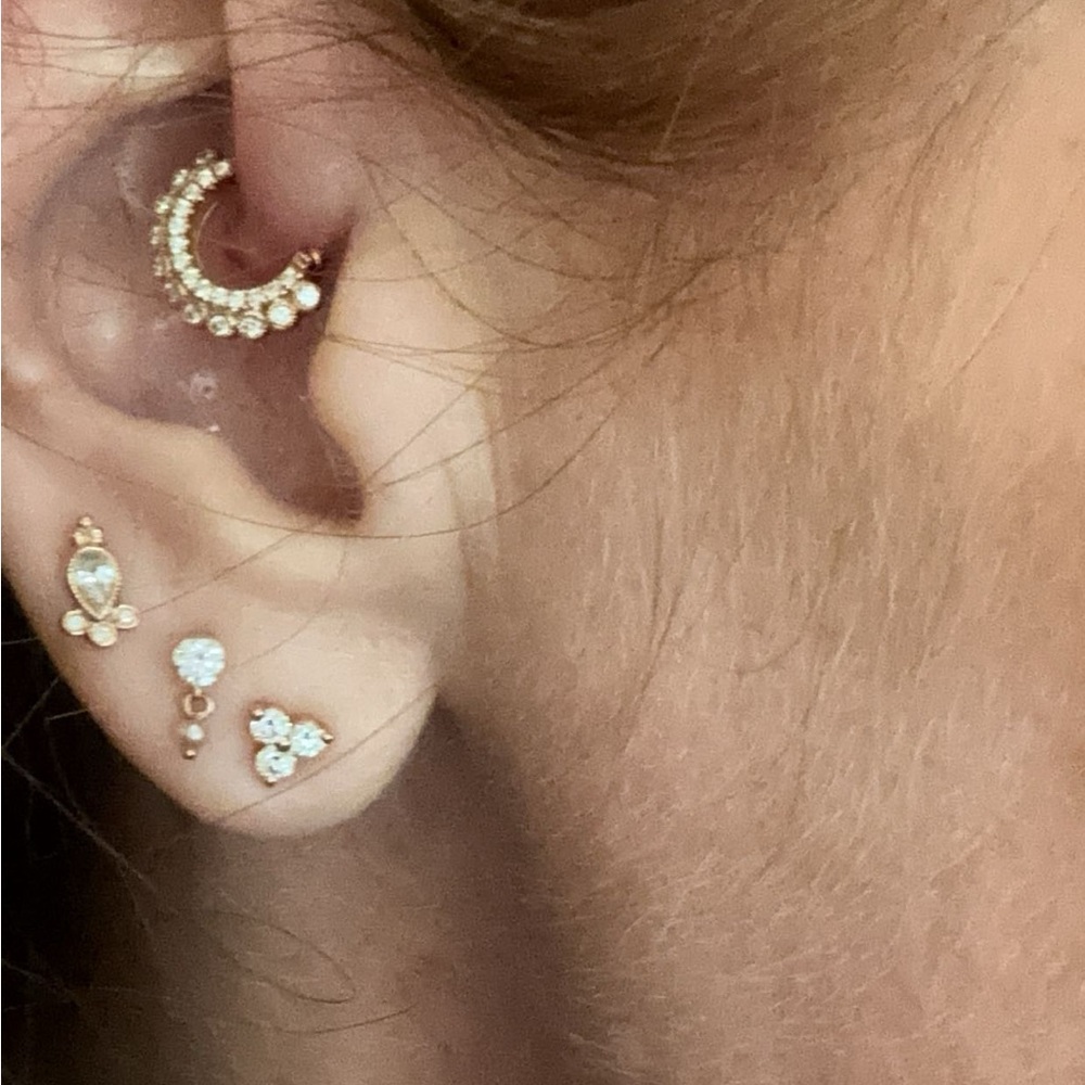 Maria Tash Invisible set diamond and pearl dangle threaded stud earring.